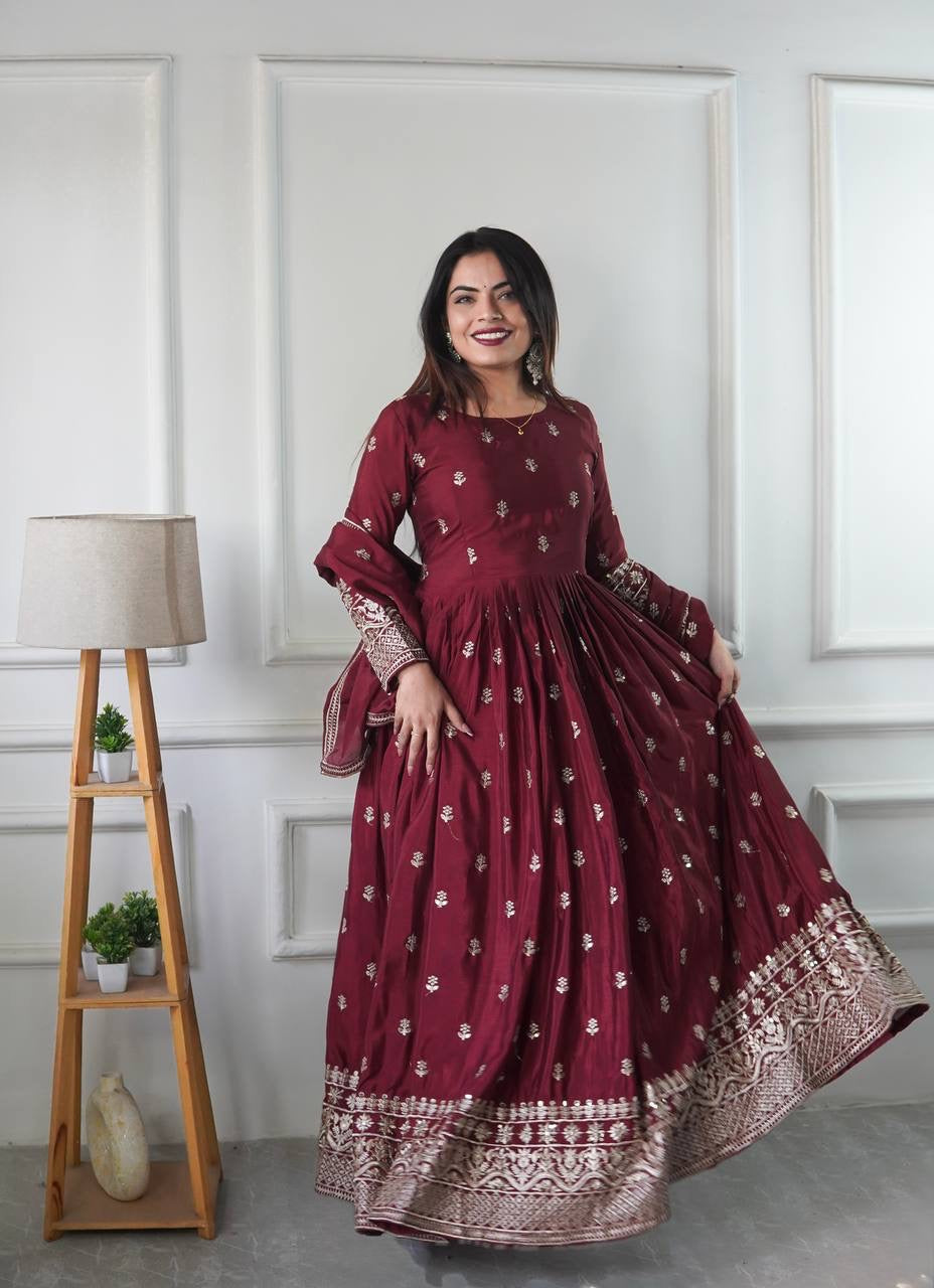 Pure Cinon Silk With Heavy Embroidery 5mm Sequence Work With Full-Sleeve With Latkan Dori|LUXURY EMPORIUM | SUHAG|