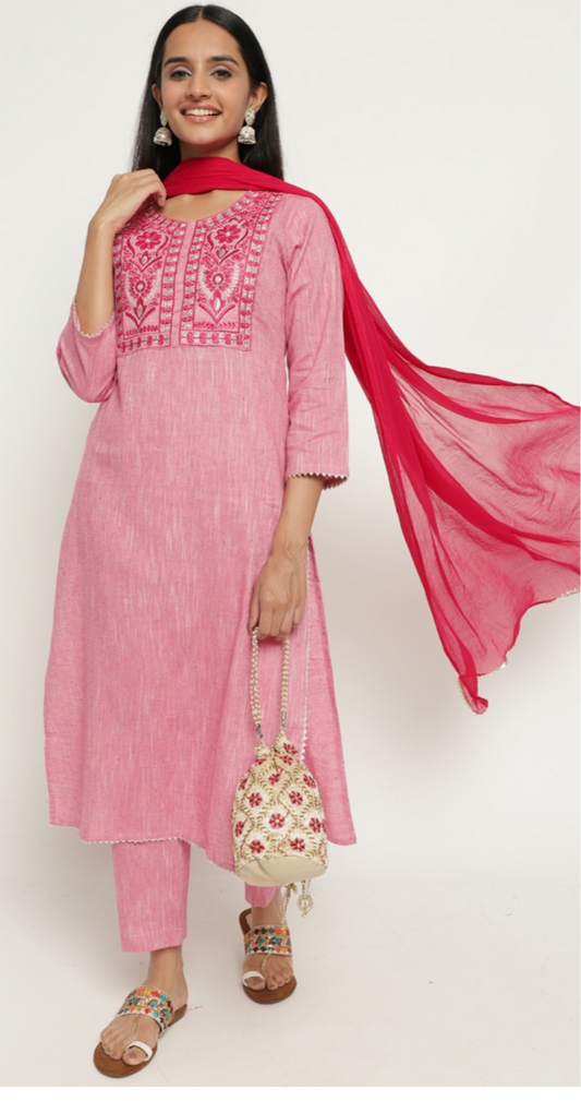 Khadi Embroidered Kurta Pant Set With Dupatta
