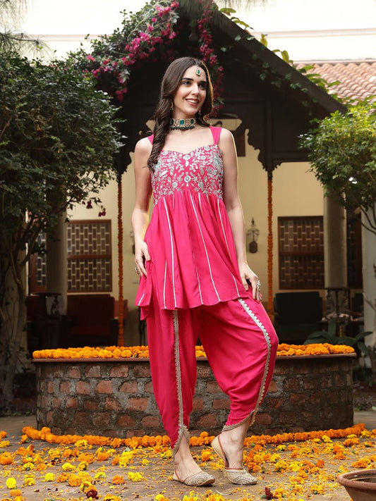 Rani Pink Shoulder Straps Embroidered Kurti with Dhoti Pant (Set of 2)| LUXURY EMPORIUM |