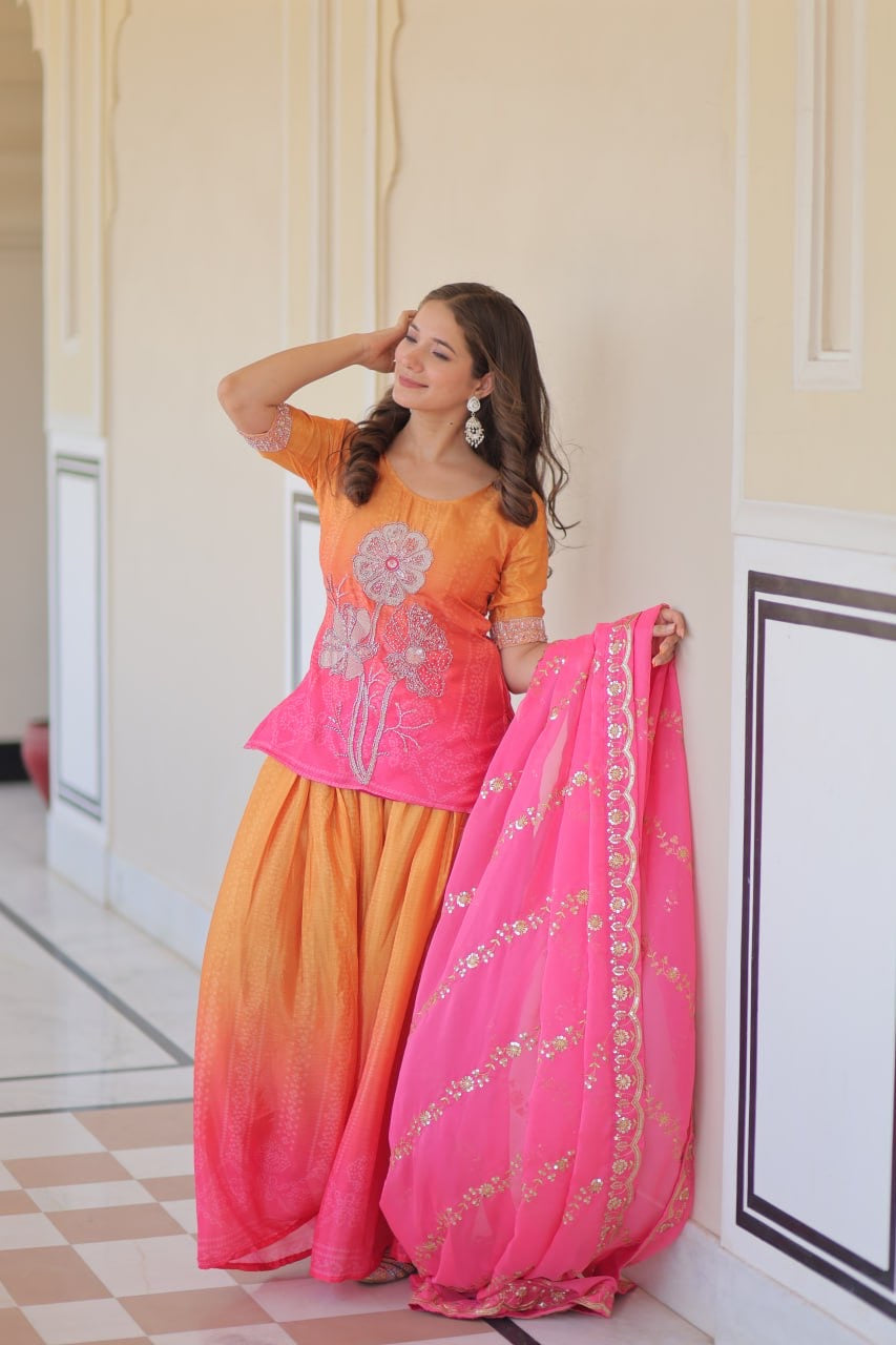 Maharani | Chinnon Print Rich Beads Embroidered work| Luxuryemporium