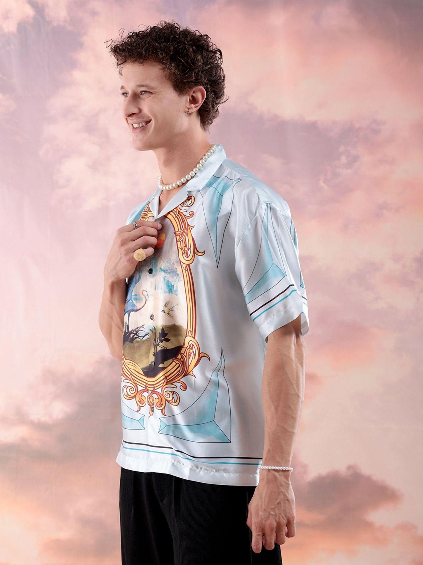 Men Border Print Half Sleeves Cuban Collar Shirt| PRINTED mens branded | Luxury Emporium |Roman print |