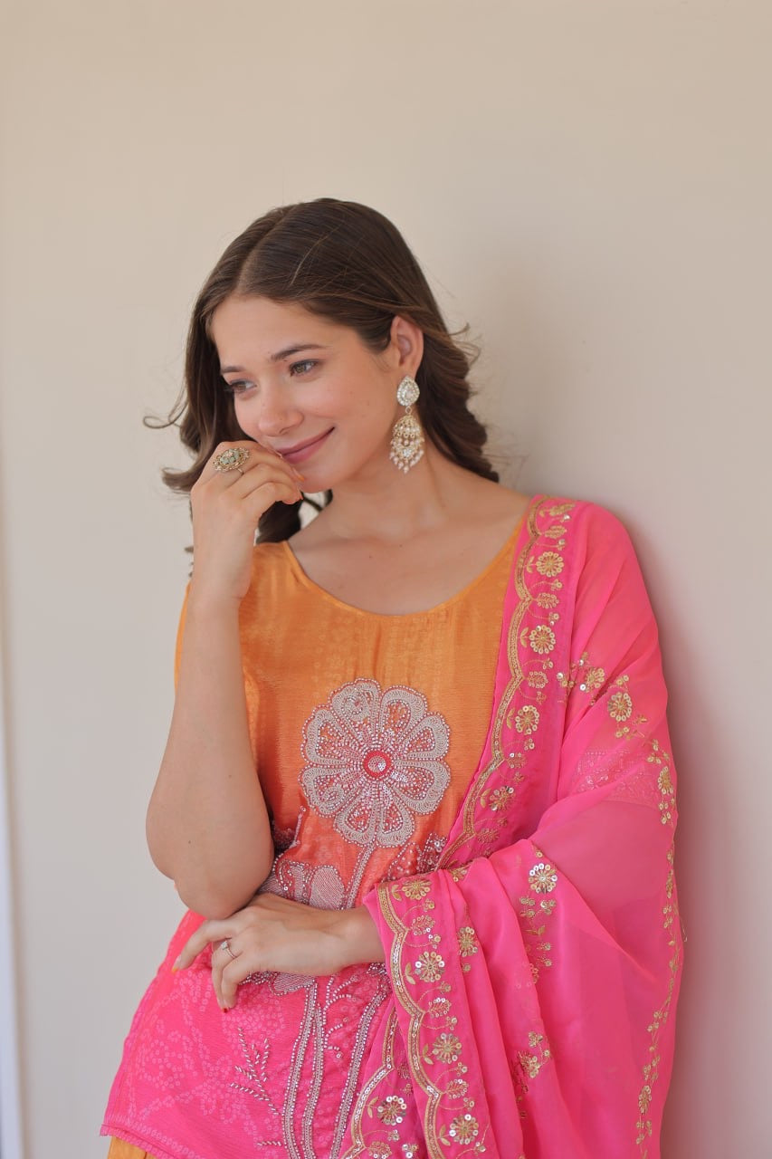 Maharani | Chinnon Print Rich Beads Embroidered work| Luxuryemporium