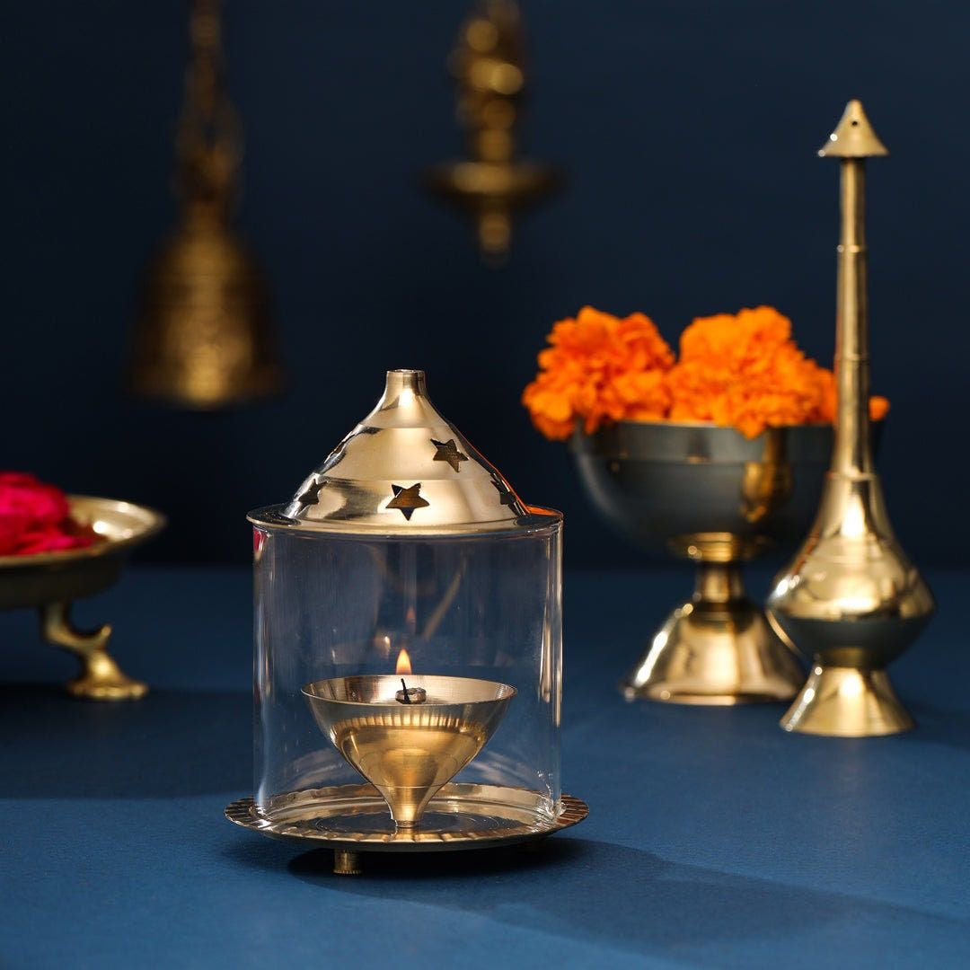 Borosil Medium Size Akhand Diya Decorative Brass Glass Oil Lamp | Tea Light Holder | Diya with Borosilicate Glass | Puja Dia for Mandir | Lantern Diya with Glass Cover