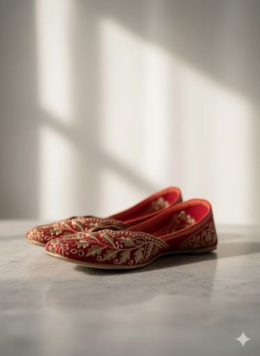 SWAG JUTTI |   RED TRADITIONAL EMBROIDERY HEAVY WORK |PARTYWEAR JUTTI MOJRI | LUXURYEMPORIUM | RAWSHOE|