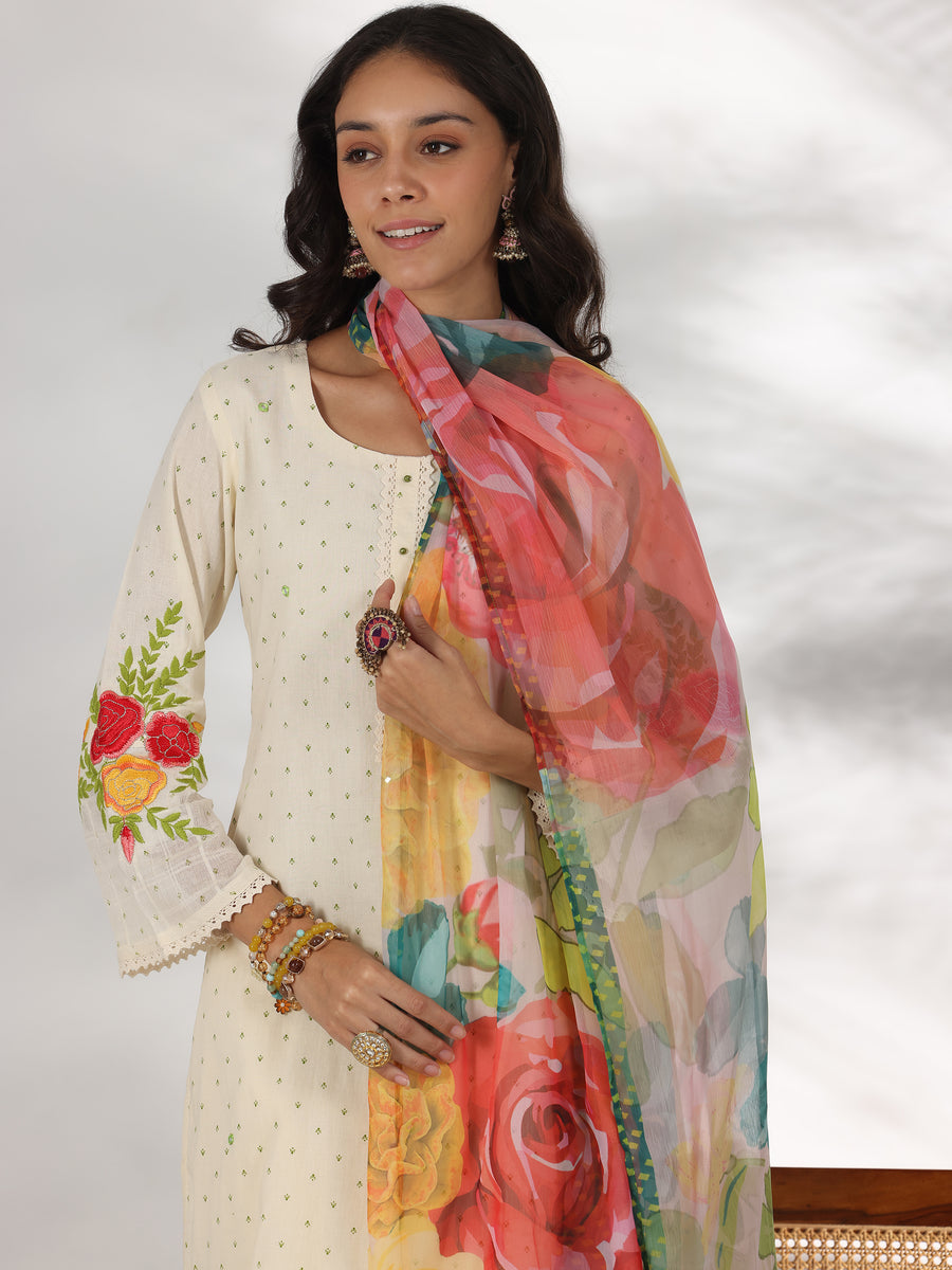 Off white Printed Cotton Straight Suit With Dupatta| LUXURY EMPORIUM |