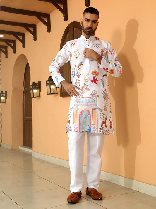 Floral Printed White Mandarin Collor Cotton Summer Kurta|LUXURY EMPORIUM | KURTA MEN |