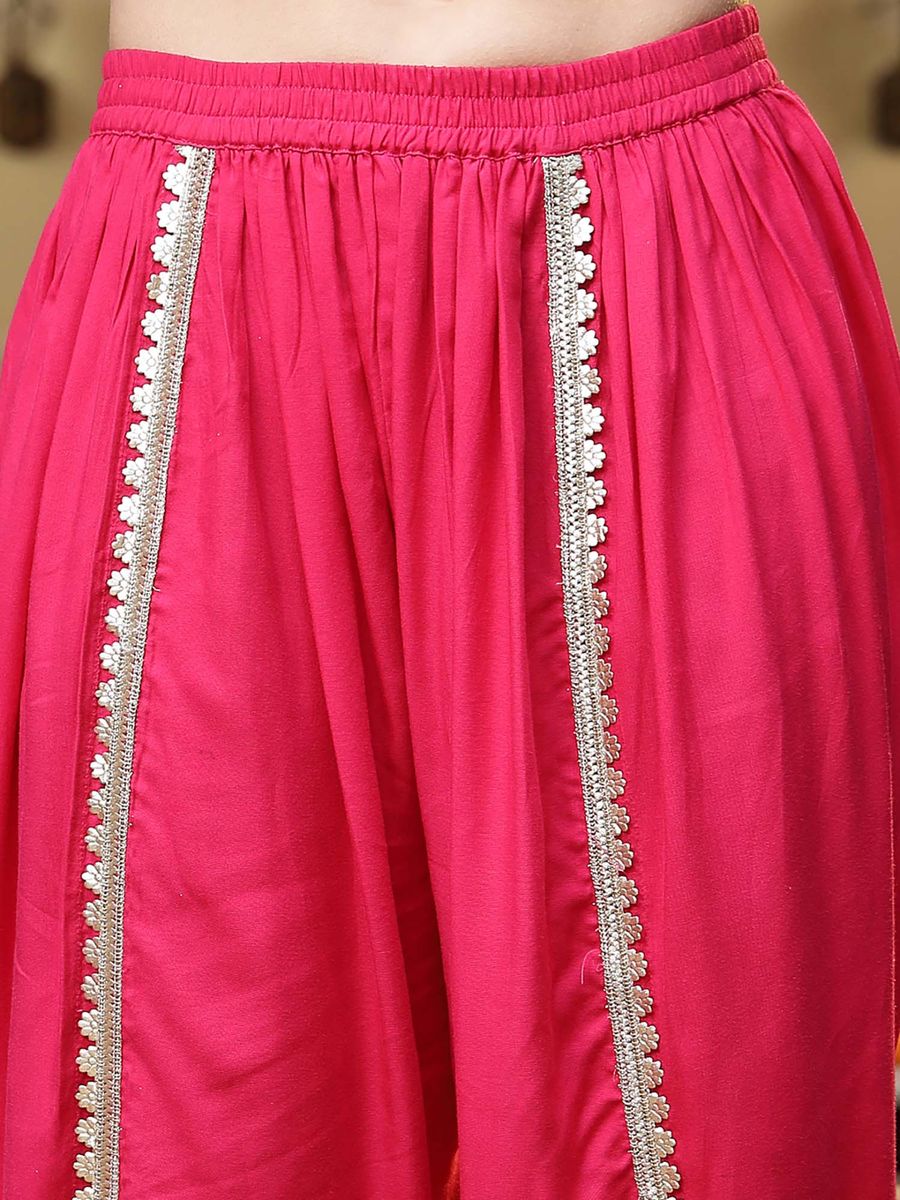 Rani Pink Shoulder Straps Embroidered Kurti with Dhoti Pant (Set of 2)| LUXURY EMPORIUM |