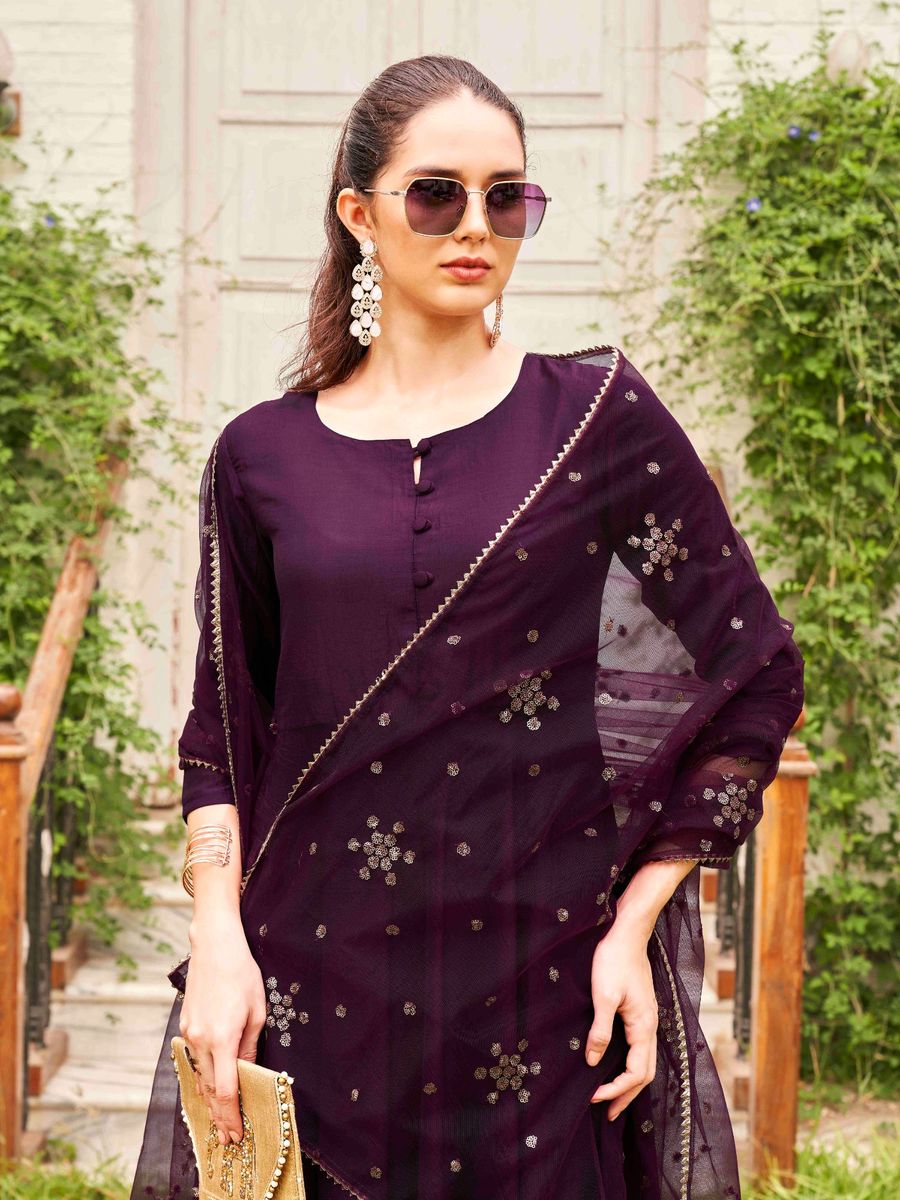 Burgundy Poly Crepe Solid Flared Kurta with Pant and Dupatta (Set of 3)| LUXURY EMPORIUM