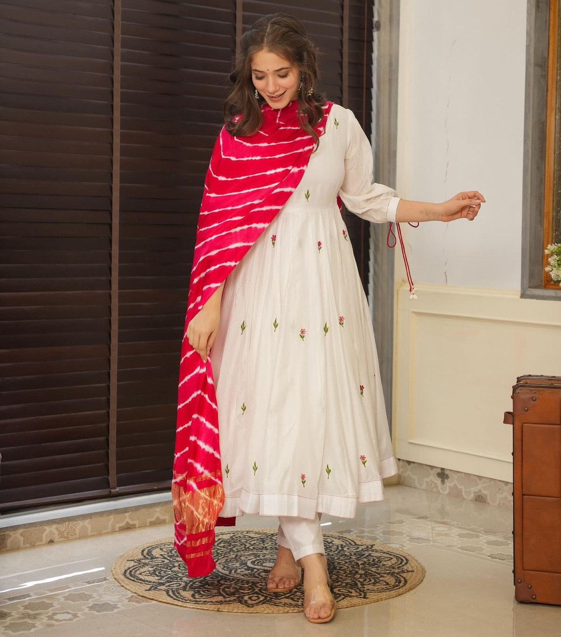 White Anarkali with red bandhej dupatta