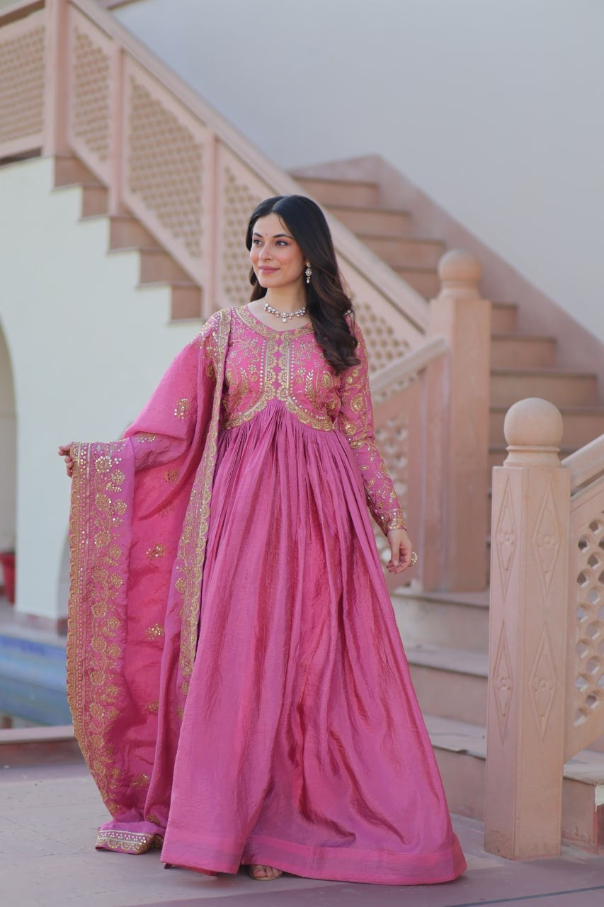 Rajmahal Gold-Crush Fabric with Sequins & Multi Embroidered work| LUXURYEMPORIUM | PARTYWEAR LONG DRESS