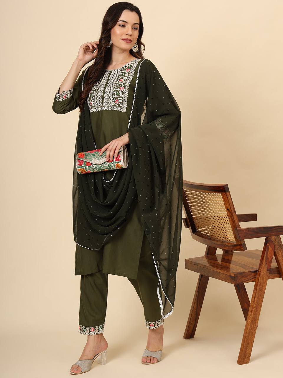Cotton Suit Set with Chiffon dupatta