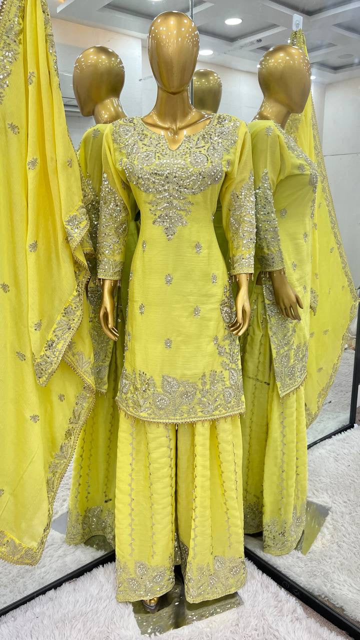 NOORANI |LUXURY EMPORIUM | New  Heavy Embroidery Sequence Work Top-Gharara And Dupatta Set Fully Stitched Ready To Wear Collection |