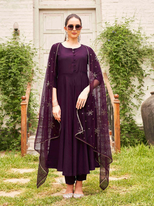 Burgundy Poly Crepe Solid Flared Kurta with Pant and Dupatta (Set of 3)| LUXURY EMPORIUM