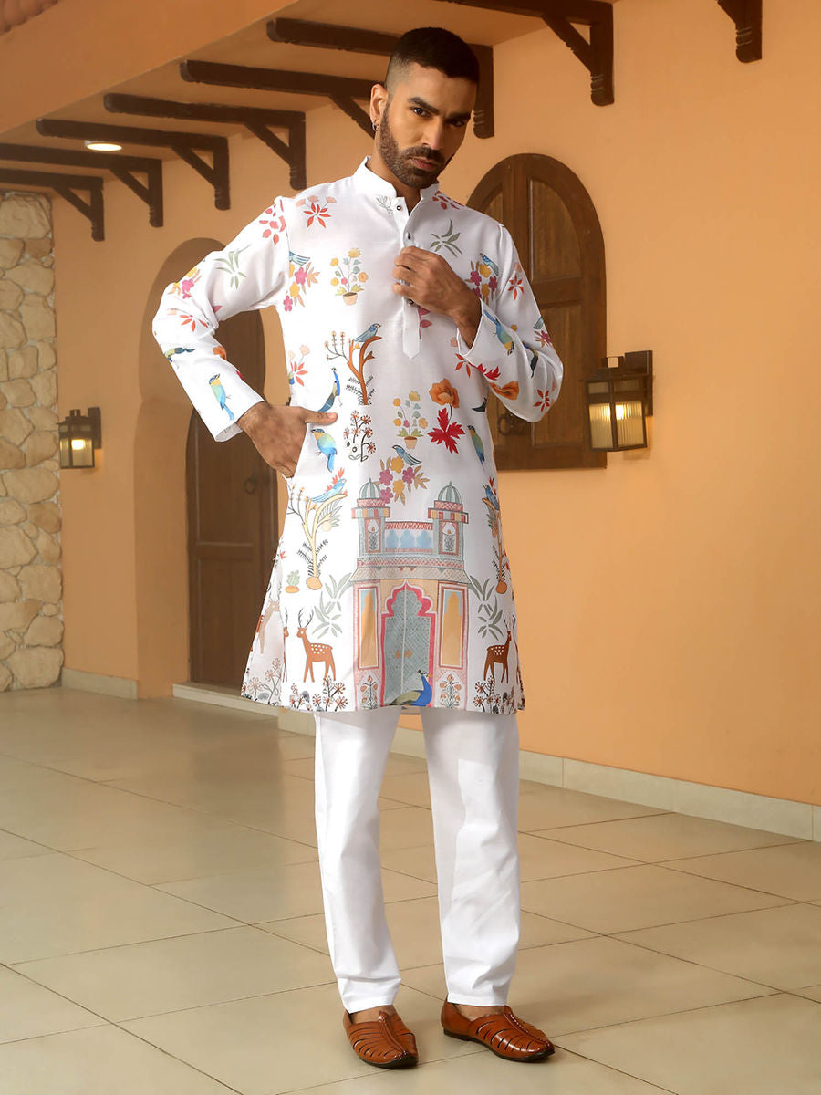 Floral Printed White Mandarin Collor Cotton Summer Kurta|LUXURY EMPORIUM | KURTA MEN |