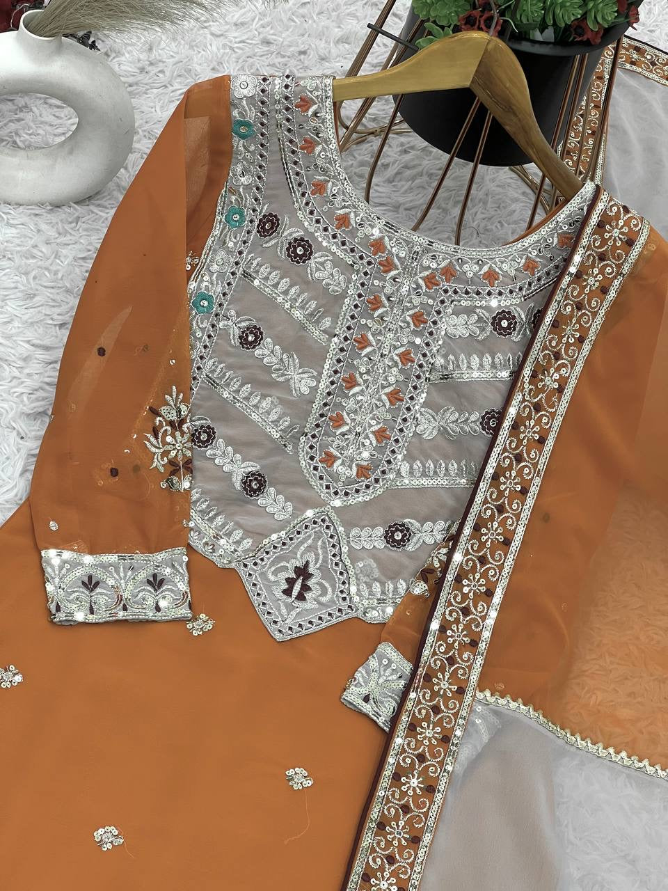 LUXURY EMPORIUM | PAKISTANI DRESS Collection Heavy faux georgette With Heavy Embroidery Sequence Work Top-Bottom And Dupatta Set Fully Stitched Ready