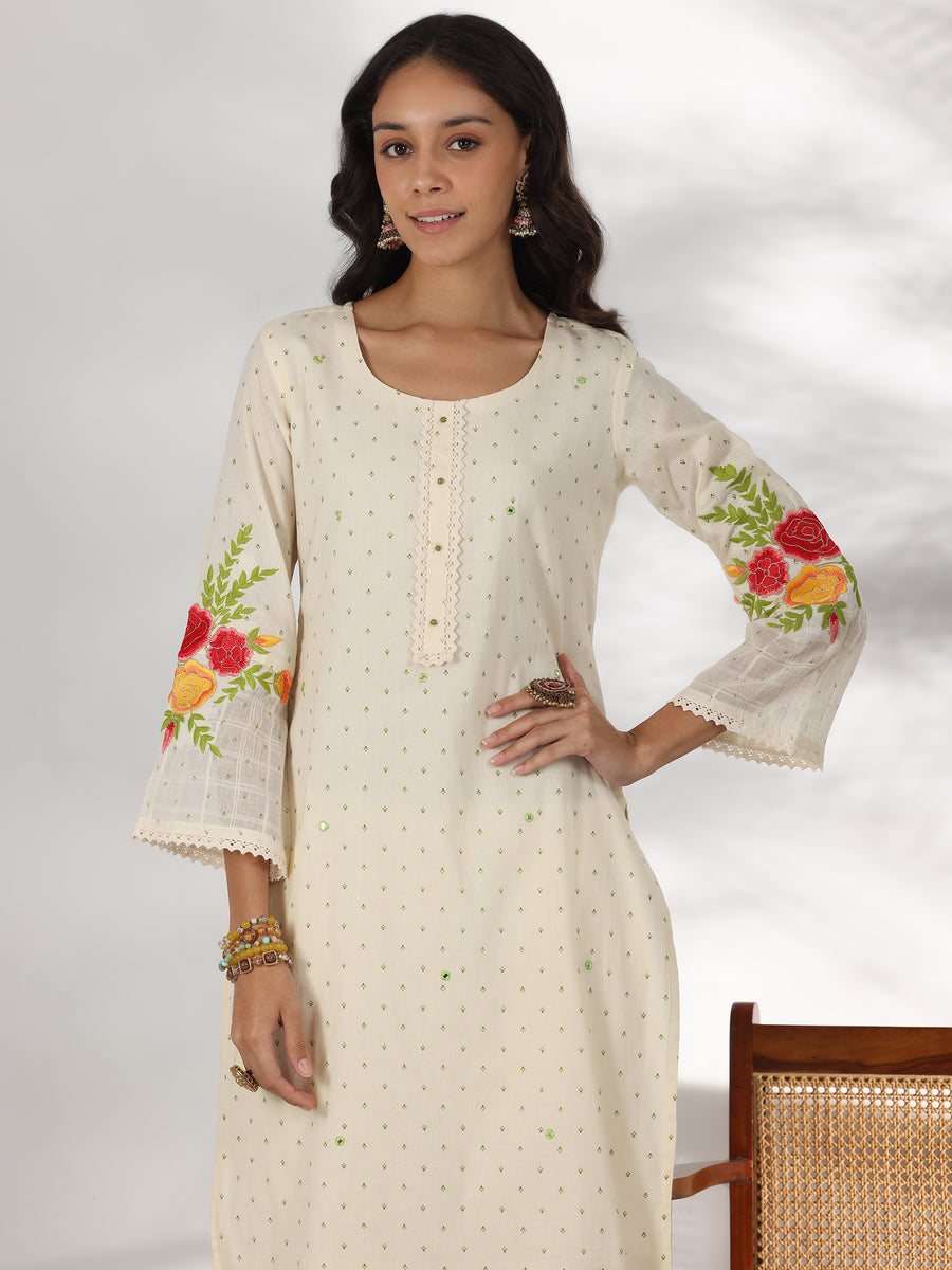 Off white Printed Cotton Straight Suit With Dupatta| LUXURY EMPORIUM |