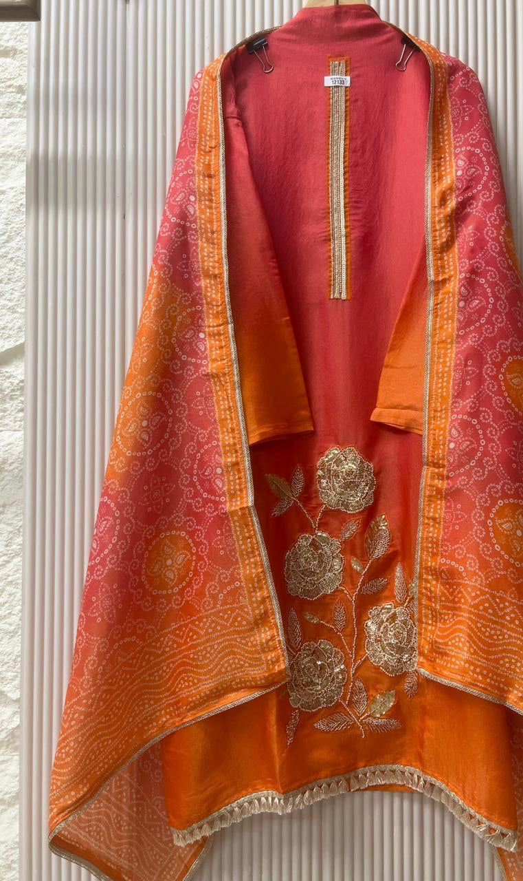 HEER | RED–ORANGE SOFT TISSUE SILK EMBROIDERED UNSTITCHED 3 | LUXURY EMPORIUM