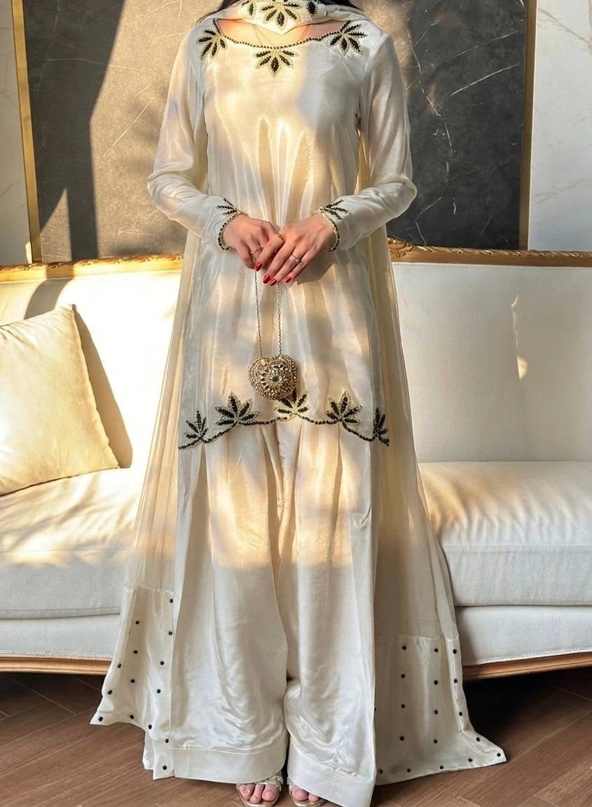 ✨ The Regal Pearl Affair ✨
Designer Embroidered Top, Farsi Salwar & Dupatta Set| LUXURY EMPORIM|