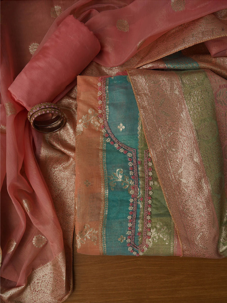 Zari Embellished Unstitched Kurta and Unstitched Bottom with Dupatta | LUXURY EMPORIUM