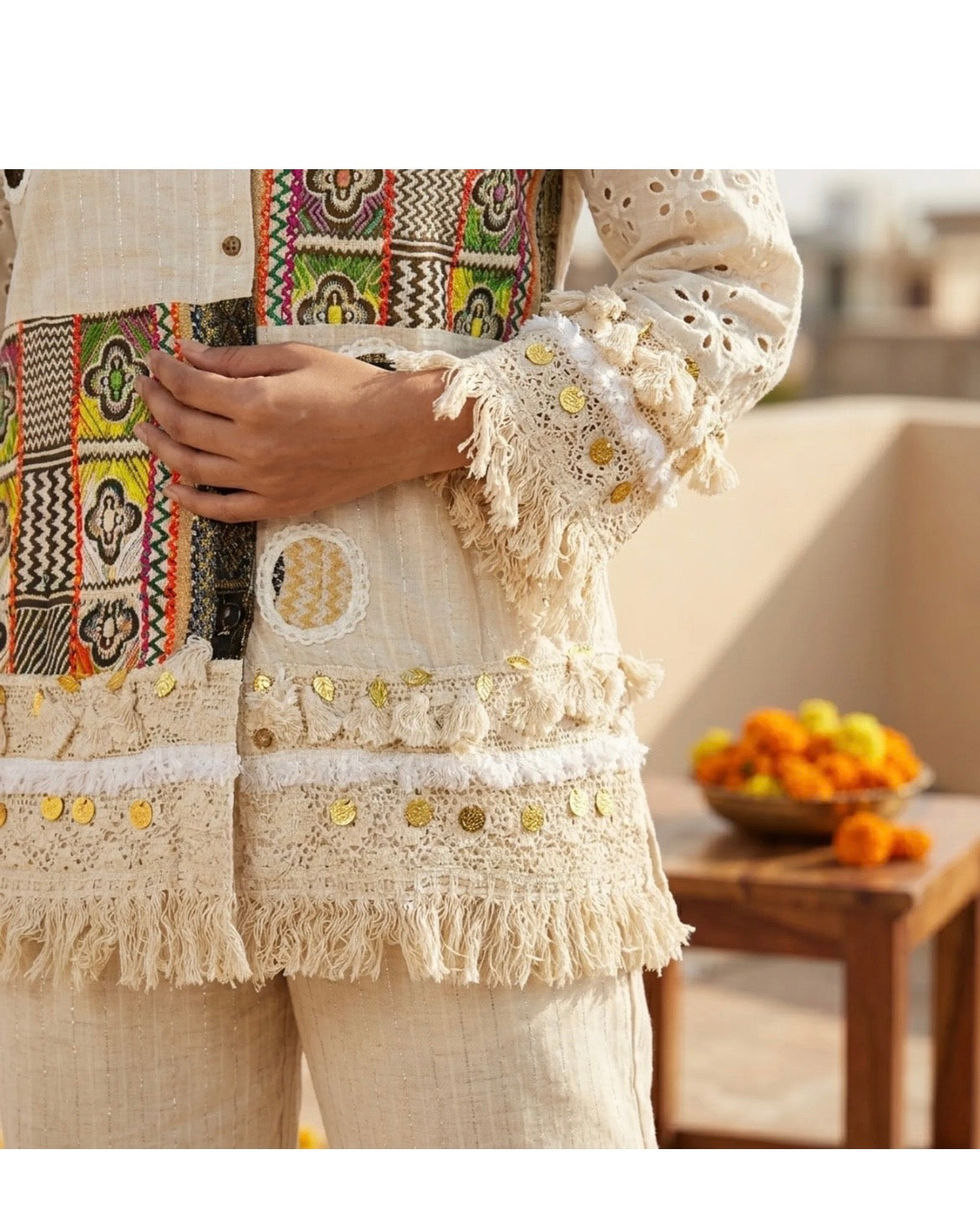 Boho funky | Boho Patchwork Off-White Co-Ord Set| LUXURY EMPORIUM