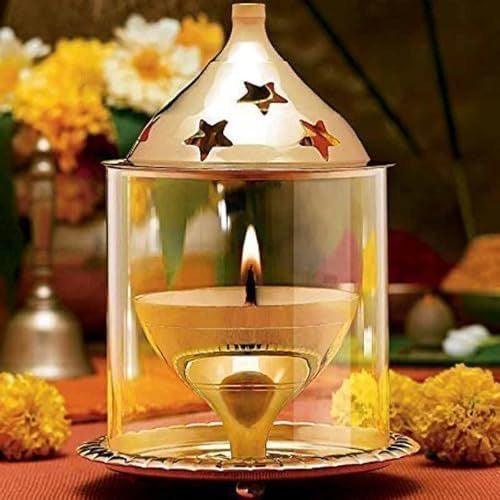 Borosil Medium Size Akhand Diya Decorative Brass Glass Oil Lamp | Tea Light Holder | Diya with Borosilicate Glass | Puja Dia for Mandir | Lantern Diya with Glass Cover