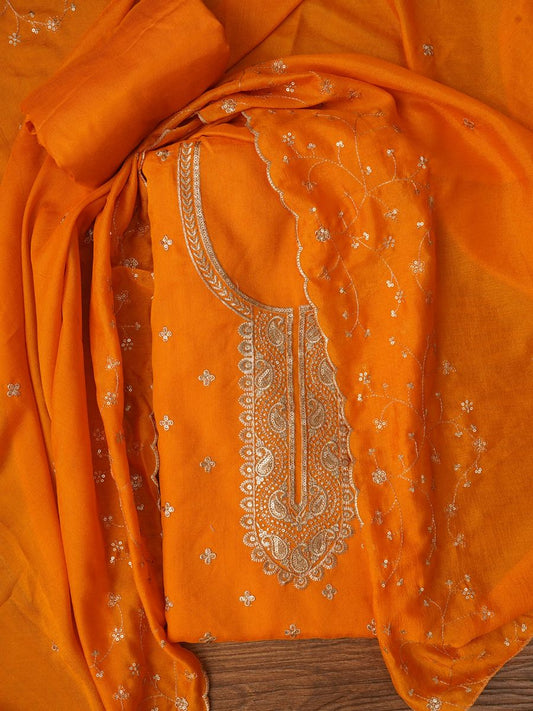Orange Unstitched Embroidered Cotton Blend Dress Material with Dupatta | LUXURY EMPORIUM |
