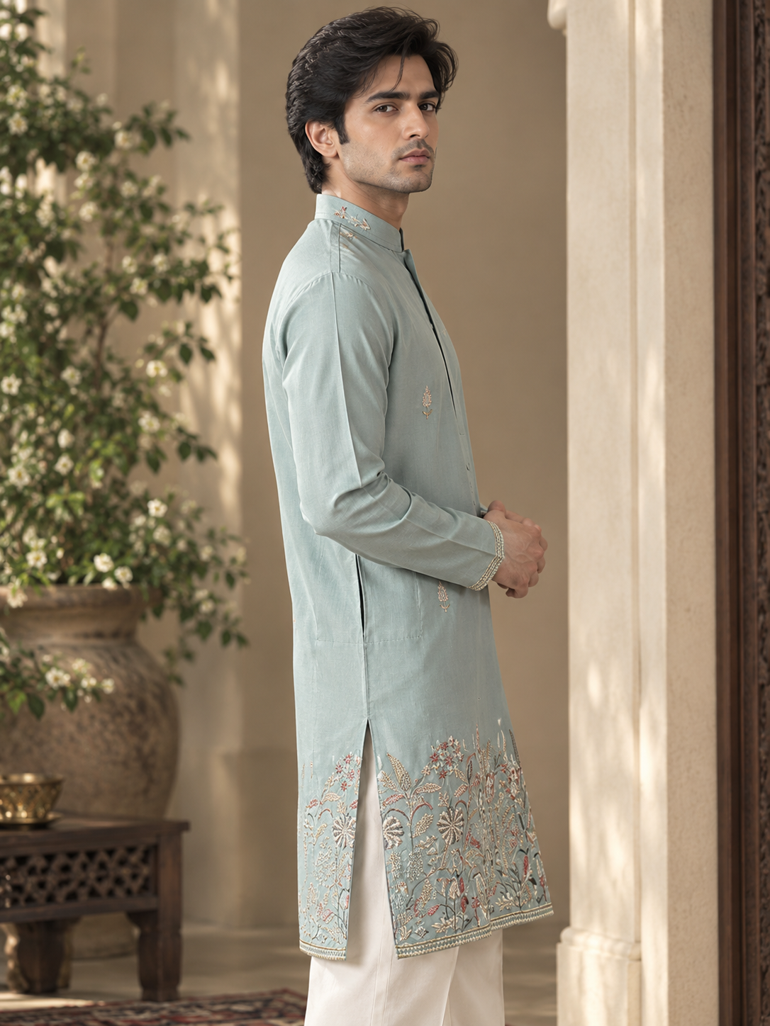 Rajputi Blue Silk Kurta| Luxury Emporium | Men Kurta