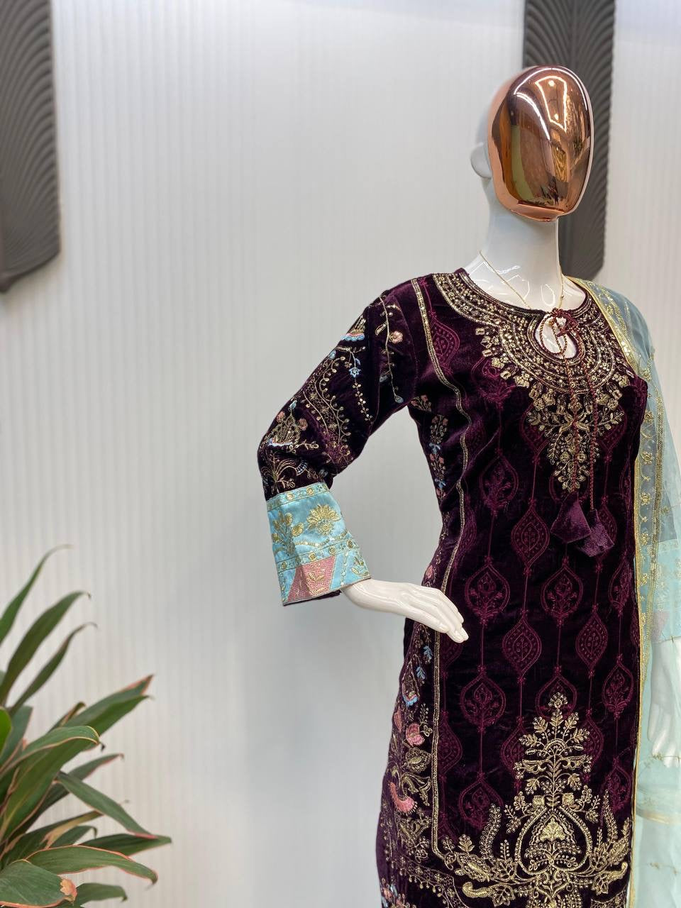 WINTER  DESIGNER STYLE VELVET SEQUENCE EMBROIDERY WORK SUIT WITH DUPATTA ~ | Luxury Emporium