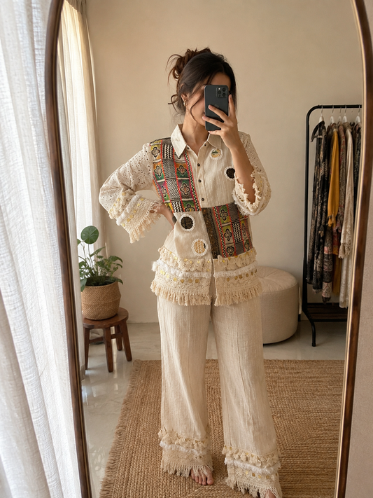 Boho funky | Boho Patchwork Off-White Co-Ord Set| LUXURY EMPORIUM