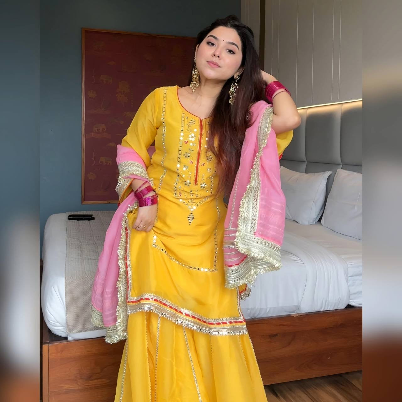 PREMIUM READYMADE | SARARA SUITSET | PASTEL WITH YELLOW| Luxury Emporium