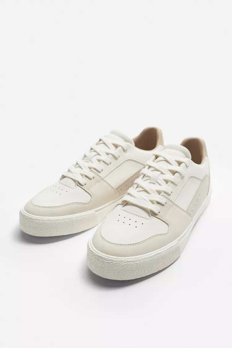 White Basic Sneakers | Zara | Retro trainers. Mixed-material upper. Six-eyelet facing. Flat, textured sole.| RAW | LUXURY EMPORIUM