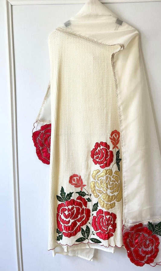 GULAB WHITE ROMAN SILK UNSTITCHED -SET OF 3 -|LUXURY EMPORIUM