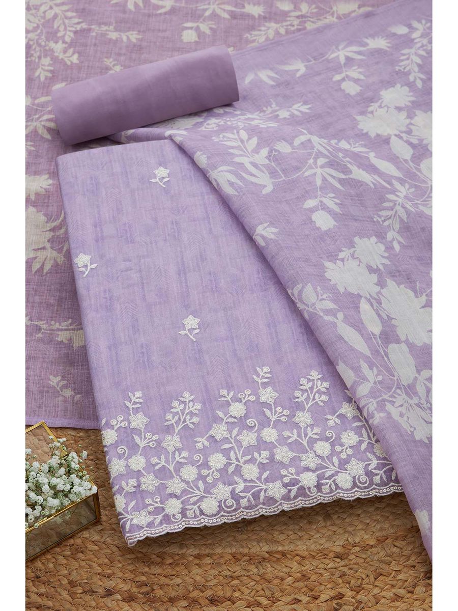 Women Lavender Linen Embellished Unstitched Kurta and Bottom with Dupatta (Set of 3)| LUXURY EMPORIUM ||RESELL