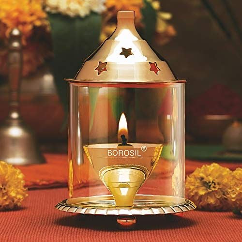 Borosil Medium Size Akhand Diya Decorative Brass Glass Oil Lamp | Tea Light Holder | Diya with Borosilicate Glass | Puja Dia for Mandir | Lantern Diya with Glass Cover