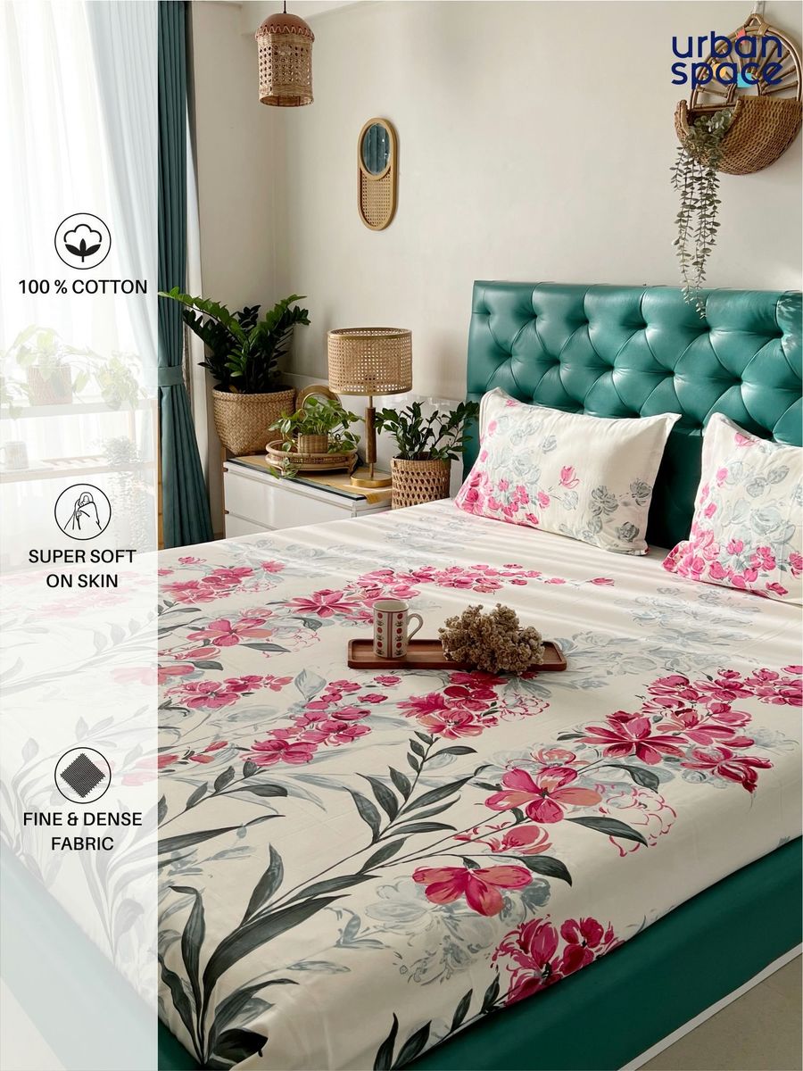 Urban space Cotton Fitted Bedsheet Double Bed with 2 Pillow Covers(Majestic Pink)