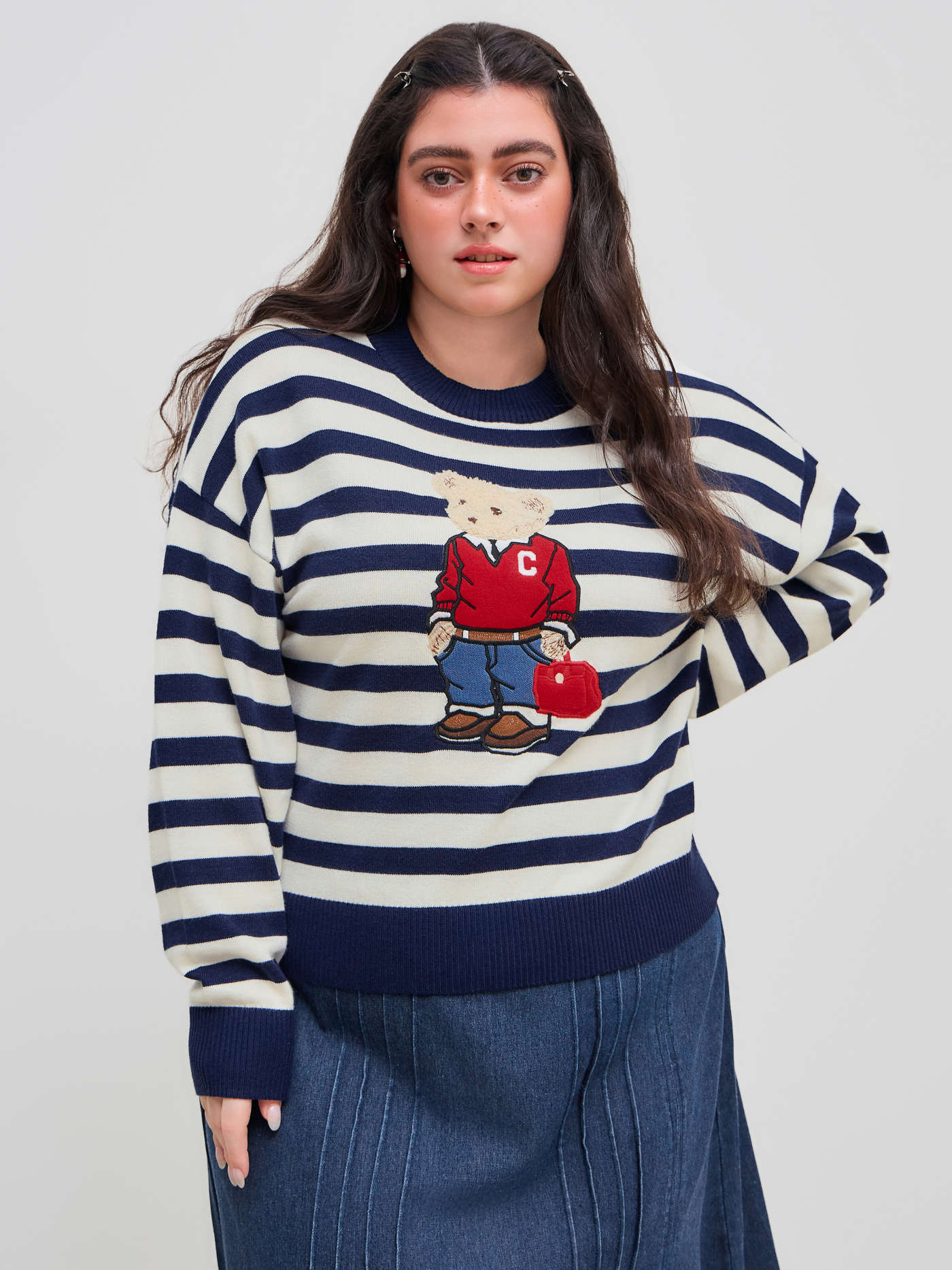 KNIT ROUND NECKLINE BEAR GRAPHIC STRIPED SWEATER CURVE & PLUS| Luxury Emporium | brand-reselling | BRAND- Cider