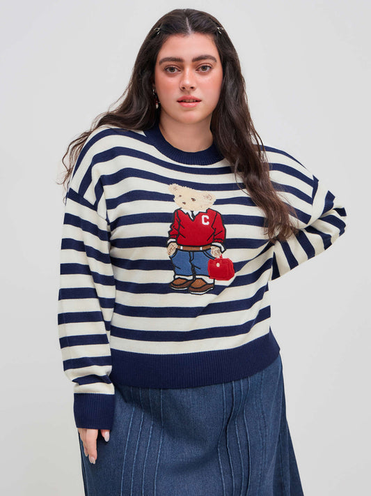 KNIT ROUND NECKLINE BEAR GRAPHIC STRIPED SWEATER CURVE & PLUS| Luxury Emporium | brand-reselling | BRAND- Cider