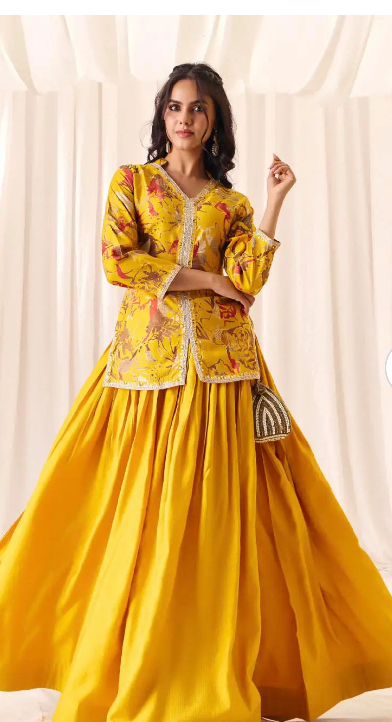RASAM | Yellow and red embroidered lehenga choli, sequinned | LUXURY EMPORIUM