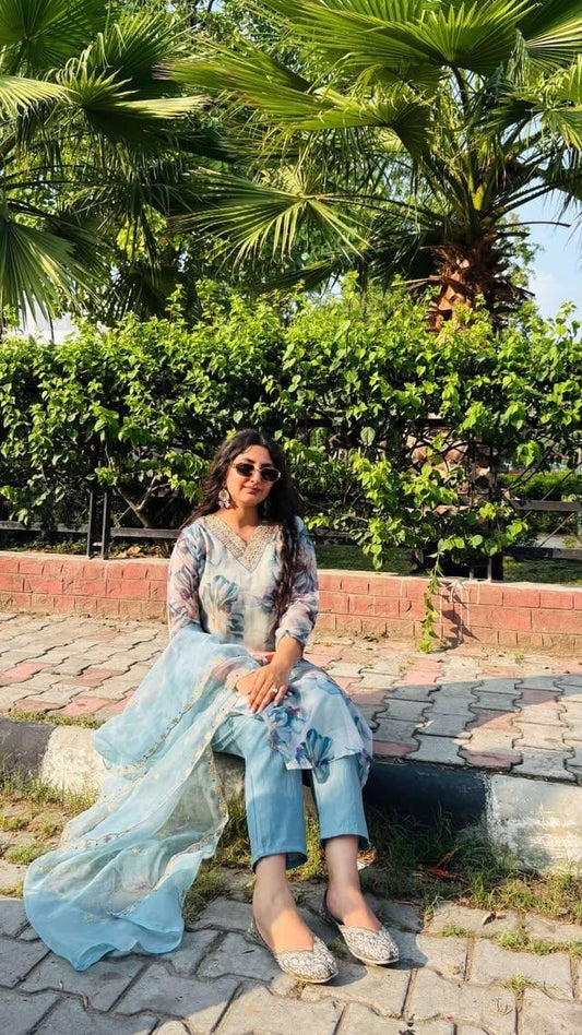 Sea Green Printed Organza Unstitched Salwar Suit| LUXURY EMPRORIUM | PARTYWEAR FITS|