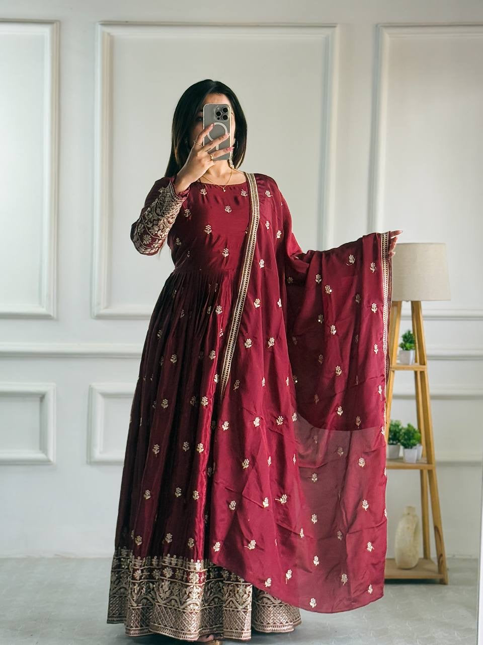Pure Cinon Silk With Heavy Embroidery 5mm Sequence Work With Full-Sleeve With Latkan Dori|LUXURY EMPORIUM | SUHAG|