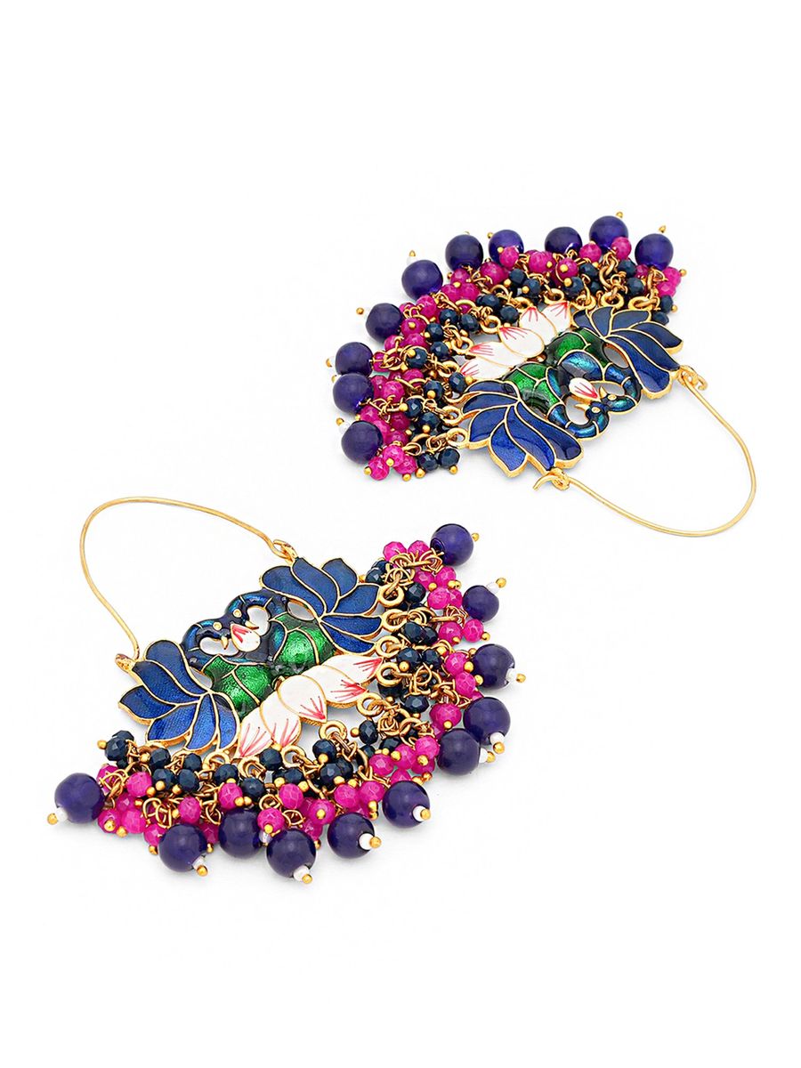 Gold Toned Beads Drop Peacock Designed Meenakari Earrings with Maang Tikka | LUXURYEMPORIUM | Women fashion