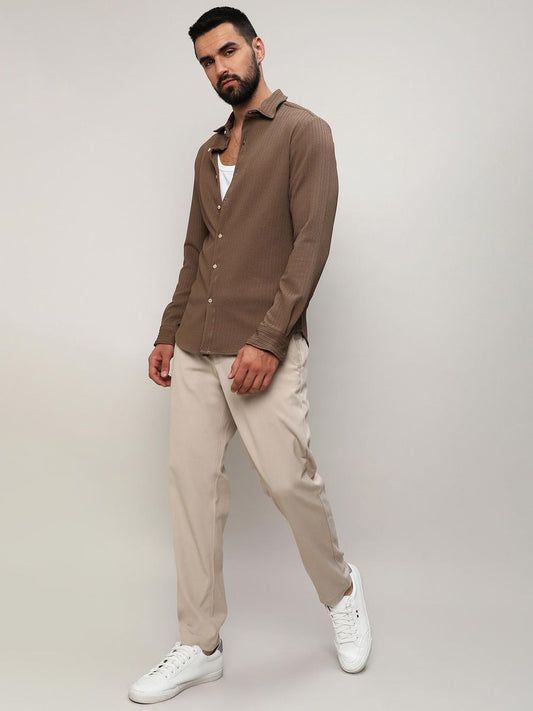 Mens Brown Stripe Creased Shirt | LUXURY EMPORIUM | CASUAL LOOK