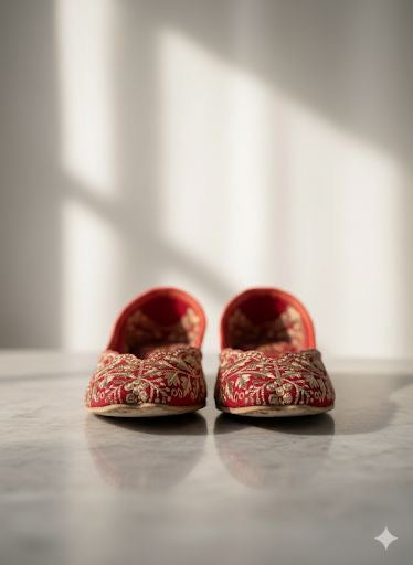 SWAG JUTTI |   RED TRADITIONAL EMBROIDERY HEAVY WORK |PARTYWEAR JUTTI MOJRI | LUXURYEMPORIUM | RAWSHOE|
