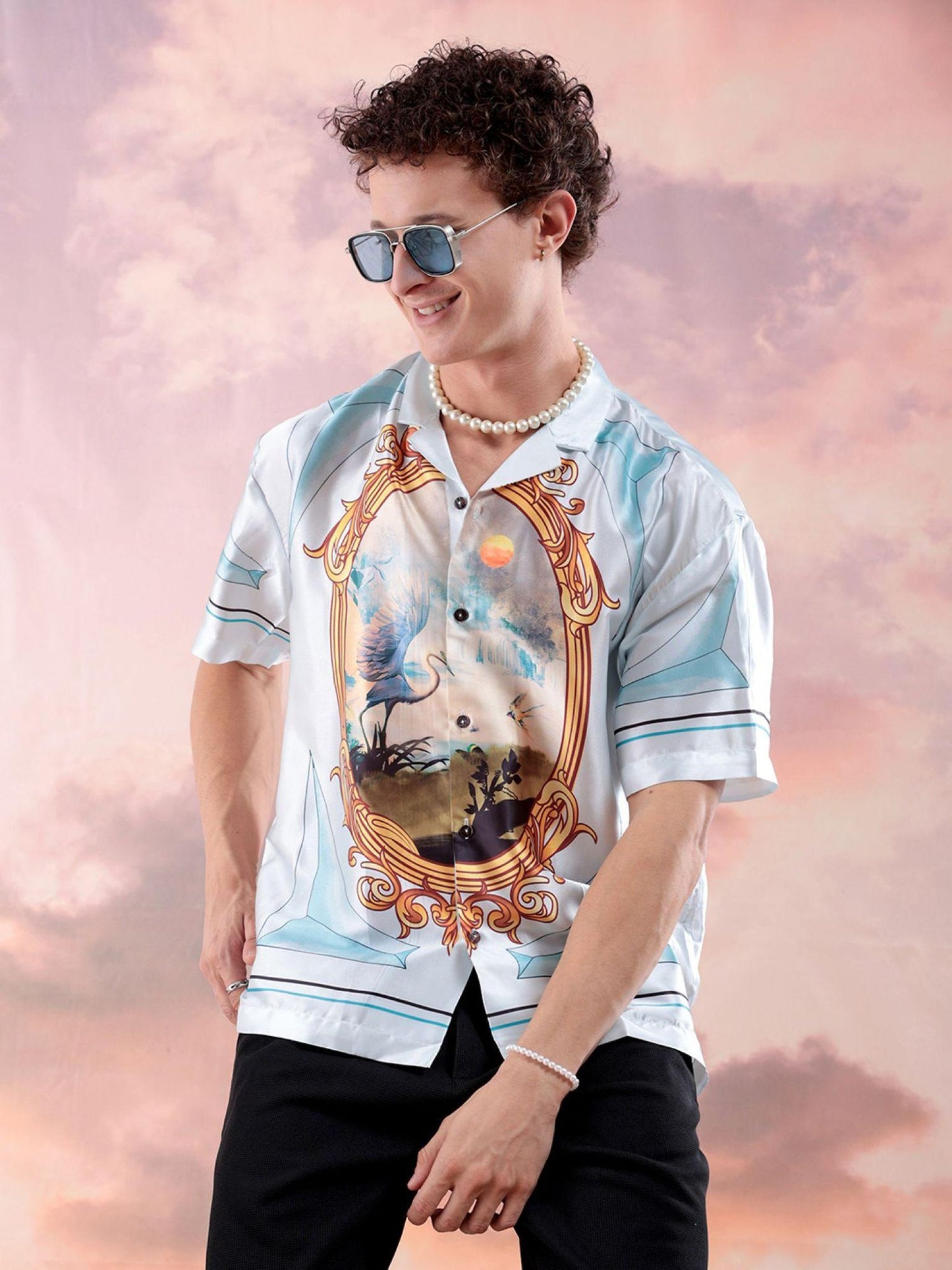 Men Border Print Half Sleeves Cuban Collar Shirt| PRINTED mens branded | Luxury Emporium |Roman print |