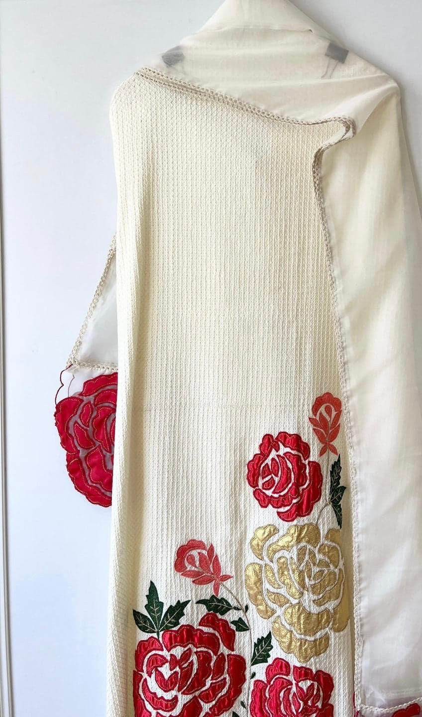 GULAB WHITE ROMAN SILK UNSTITCHED -SET OF 3 -|LUXURY EMPORIUM