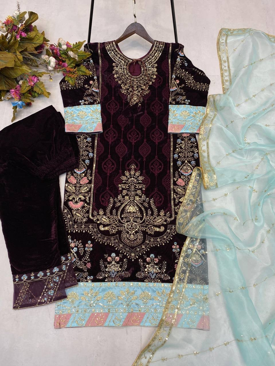 WINTER  DESIGNER STYLE VELVET SEQUENCE EMBROIDERY WORK SUIT WITH DUPATTA ~ | Luxury Emporium