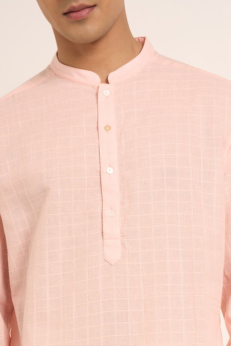 Pink Textured Below Knee Length Casual Men Regular Fit Kurta | LUXURY EMPORIUM | BRAND INDUS route